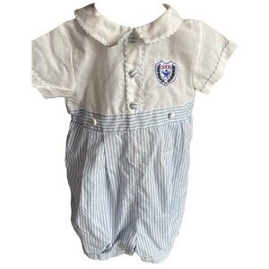 Carriage Boutiques Blue White Striped Shortall Romper 12M Crest Preowned